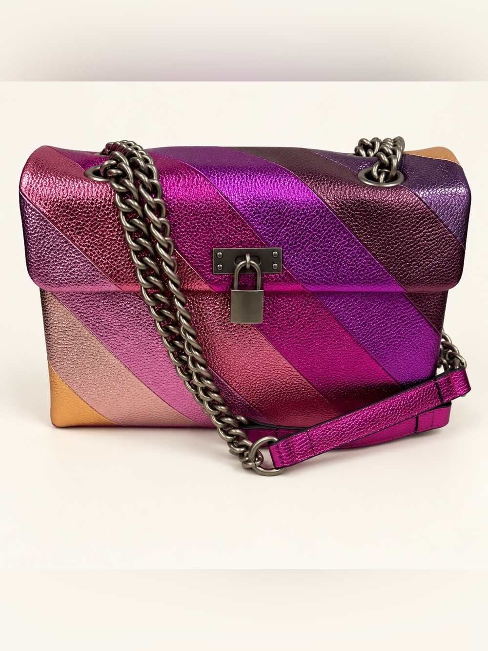 Kurt Geiger Metallic Pink Multi-Stripe Leather Shoulder Bag with Chain
